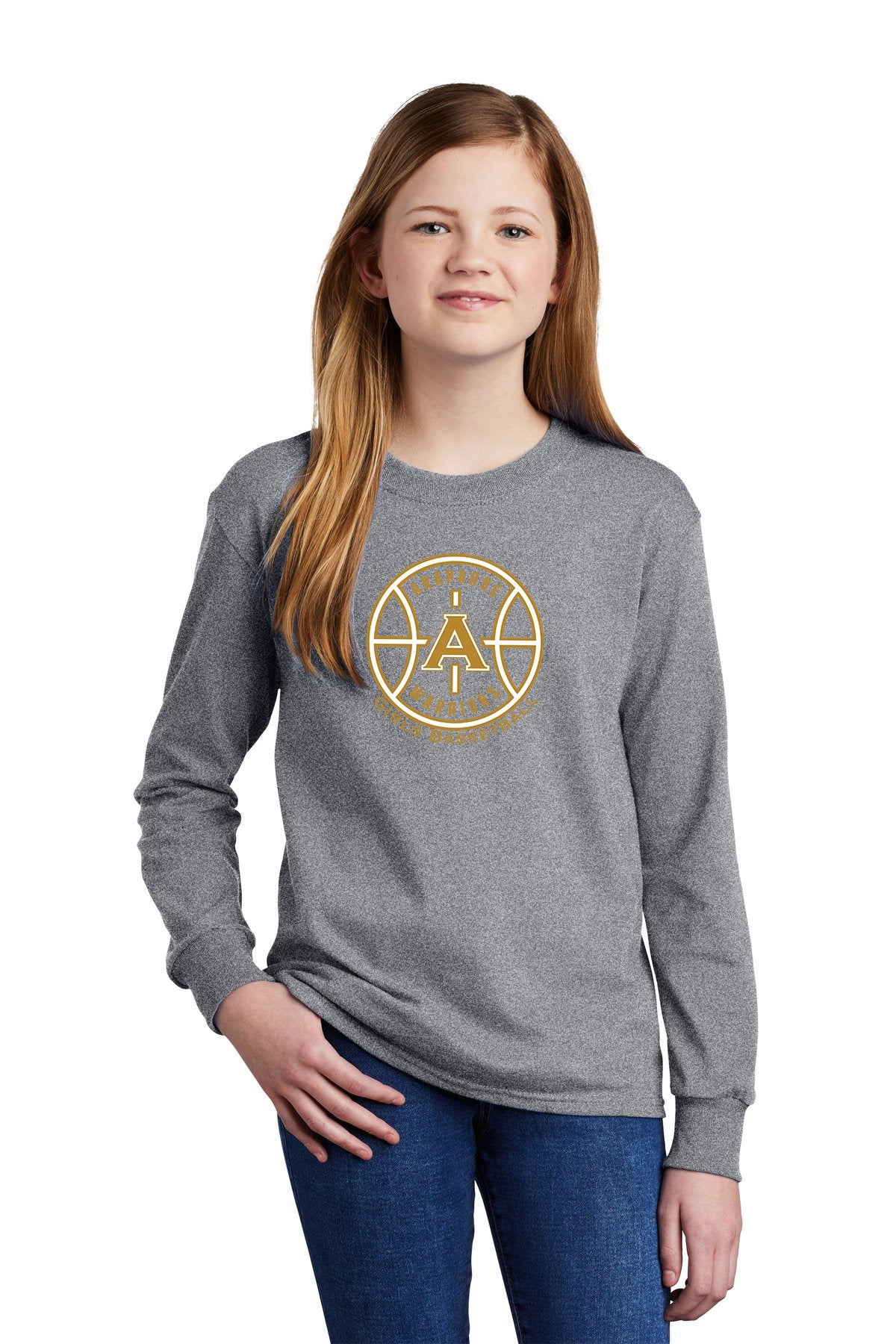 Arapahoe Girls Basketball - Youth Long Sleeve Core Cotton Tee - IMS Apparel PC54YLSGrey-S